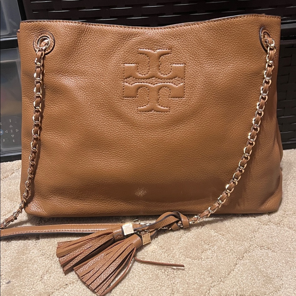 Tory Burch Cognac Leather Tassel Shoulder Bag